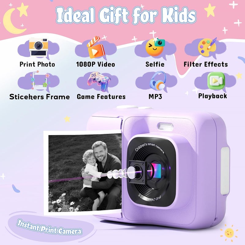 ETIKEZ Instant Print Camera for Kids, HD Digital Camera, Christmas Birthday Gifts for 4 5 6 7 8 9 10 Year Old Girls Boys, Portable Toy Camera with 32GB SD Card & 3 Rolls Printing Paper, Violet - Image 2